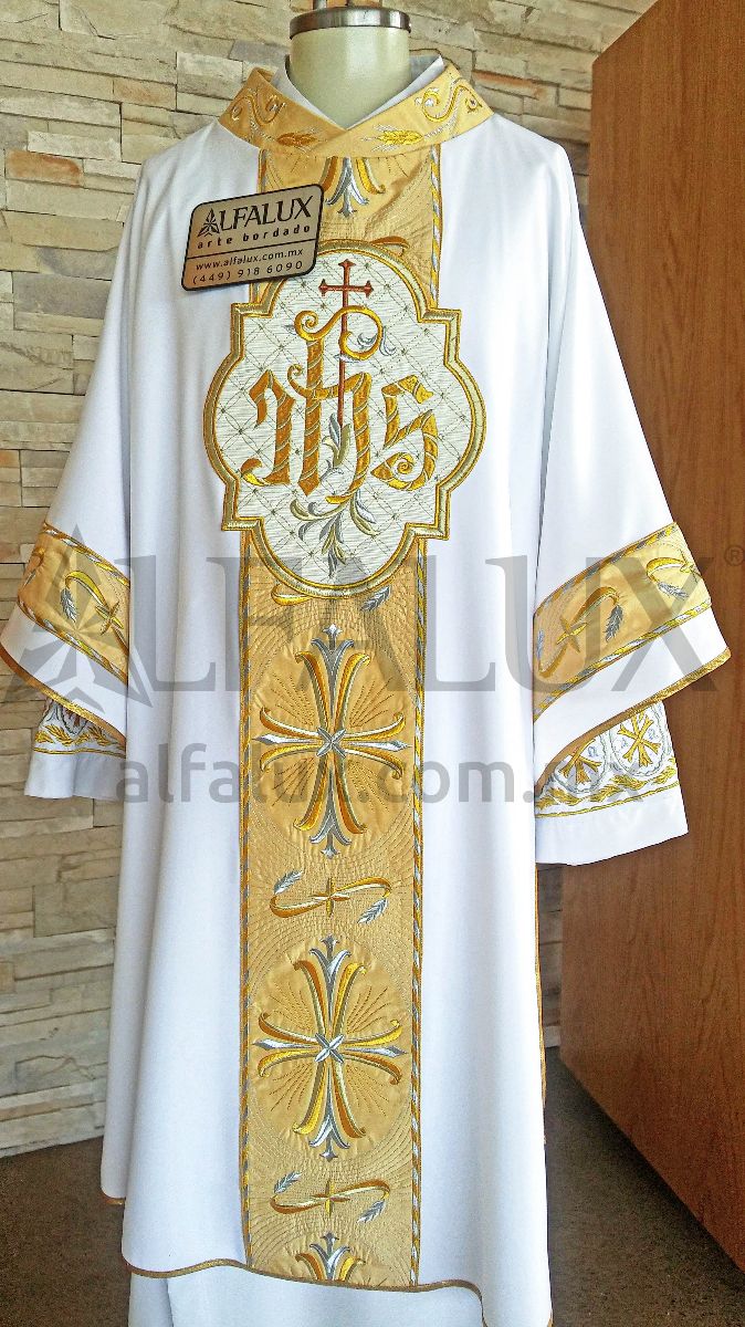 09 SAN ANTONIO Blanco Dorado DALMATICA Mangas Medallon JHS